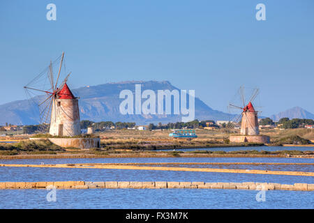 Moulins à sel, Marsala, Mozia, Sicile, Italie Banque D'Images