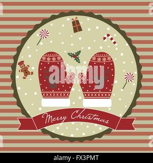 Joyeux noël design dans un cercle avec des gants de Noël, bonbons et les flocons Illustration de Vecteur