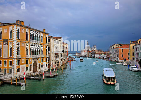 Vue sur le Grand Canal du Ponte dell'Accademia, Venise, Italie. Dans l'arrière-plan, Santa Maria della Salute. Banque D'Images