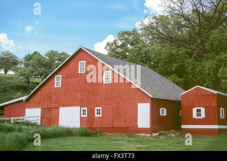 Grange rouge bien entretenue avec portes blanches, entouré de bois, près de Galena, Illinois, USA Banque D'Images