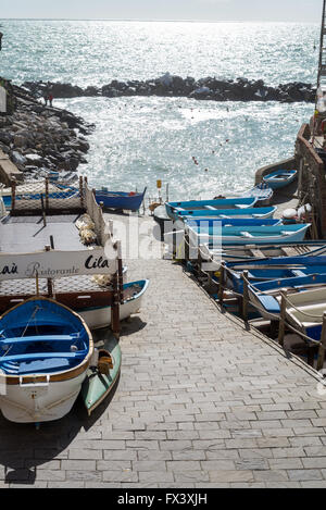 Le village de la mer couleur de Riomaggiore, Cinque Terre, Ligurie, Italie, Union européenne, Europe Banque D'Images