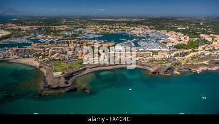 Vue aérienne de la Plage Noire, la grande conque, côtières et plage de Cap d'Agde, Agde, France, Languedoc-Roussillon, France, Europe, Banque D'Images