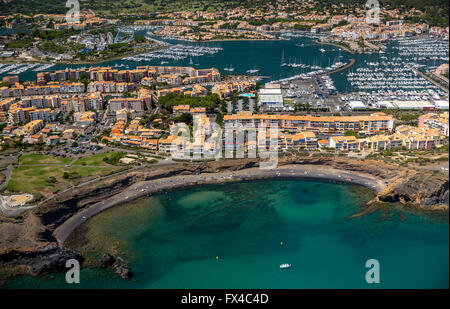 Vue aérienne de la Plage Noire, la grande conque, côtières et plage de Cap d'Agde, Agde, France, Languedoc-Roussillon, France, Europe, Banque D'Images