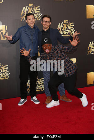 Burbank, CA, USA. Apr 9, 2016. 09 avril 2016 - Burbank, Californie - Andy Samberg, Jorma Taccone. 2016 MTV Movie Awards tenue à Warner Bros Studios. Crédit Photo : © Sammi Sammi/AdMedia/AdMedia/ZUMA/Alamy Fil Live News Banque D'Images