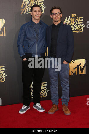 Burbank, CA, USA. Apr 9, 2016. 09 avril 2016 - Burbank, Californie - Andy Samberg, Jorma Taccone. 2016 MTV Movie Awards tenue à Warner Bros Studios. Crédit Photo : © Sammi Sammi/AdMedia/AdMedia/ZUMA/Alamy Fil Live News Banque D'Images