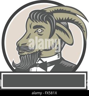 Illustration d'une chèvre ram head avec grandes cornes et barbe moustache portant costume smoking à la recherche à l'ensemble du côté intérieur du cercle fait en rétro style gravure sur bois. Illustration de Vecteur