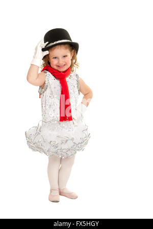 Fond blanc portrait of female ballet dancer in préscolaire snowman considérant costume. Jeune fille est confiant et heureux. Banque D'Images