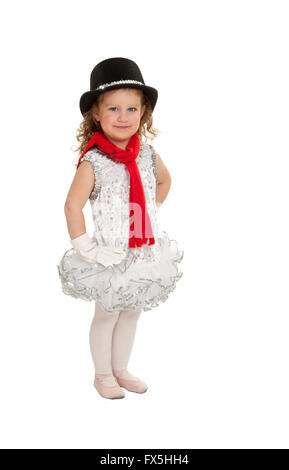 Fond blanc portrait of female ballet dancer in préscolaire snowman considérant costume. Jeune fille est confiant et heureux. Banque D'Images