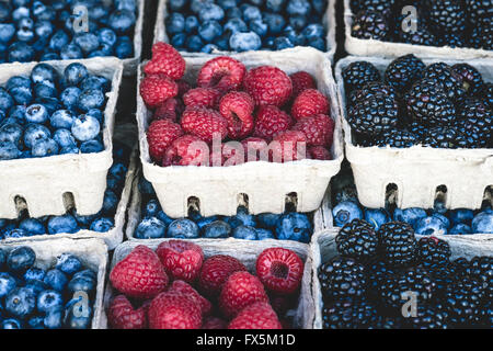 Framboises, mûres et bleuets market afficher 'Framboises, mûres et bleuets contexte en petits paniers Banque D'Images