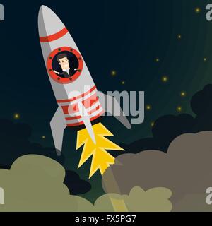 L'entreprise de démarrage. Homme d'affaires sur une fusée. Télévision design business concept illustration. Illustration de Vecteur