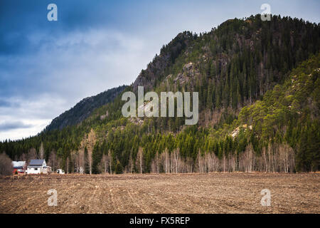 Paysage norvégien rurale avec des maisons en bois et les nuages sur les montagnes Banque D'Images