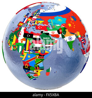 Carte politique de l'Europe, Afrique et Moyen-Orient avec chaque pays représenté par son drapeau national. Banque D'Images