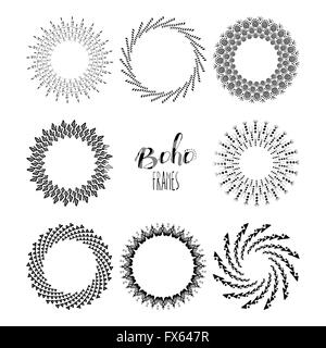 Style Boho mandala avec jeu de cadres forme tribal dessinés à la main, décoration, guirlande noir et blanc Collection. Vecteur EPS10. Illustration de Vecteur