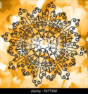 Mandala décrit sur fond d'impression jaune aquarelle. Illustration de Vecteur