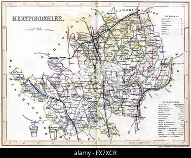 Une vieille carte en couleur de l'Hertfordshire numérisées à haute résolution à partir d'un livre imprimé autour de 1845. Croyait libres de droit. Banque D'Images