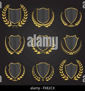Collection de boucliers noirs avec différents styles de couronne de laurier avec ton or Illustration de Vecteur