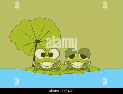 Deux petites grenouilles vertes reste sur feuille de lotus Illustration de Vecteur