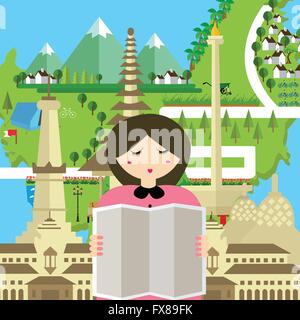 Femme gens lire la carte touristique de l'Indonésie Bali jakarta bandung monument yogyakarta billet d'Asie Illustration de Vecteur