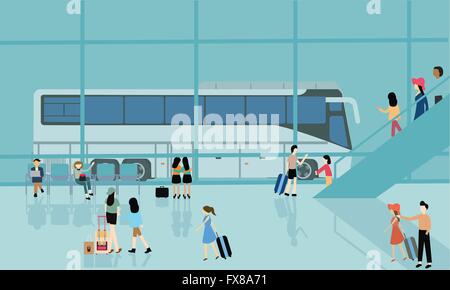 La station de bus terminal bussy Arrivée Départ Personnes activités rendez-vous pour le voyage Illustration de Vecteur