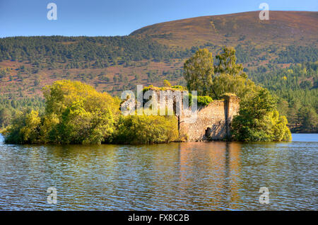 Ruine du château ( Wolf de Badenoch) sur Loch an Eilein, Rothiemurchus, Cairngorms, Highlands écossais. Banque D'Images