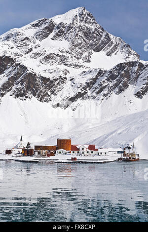 Vue sur King Edward Cove de l'ancienne station baleinière à Grytkvken en Géorgie du Sud Banque D'Images