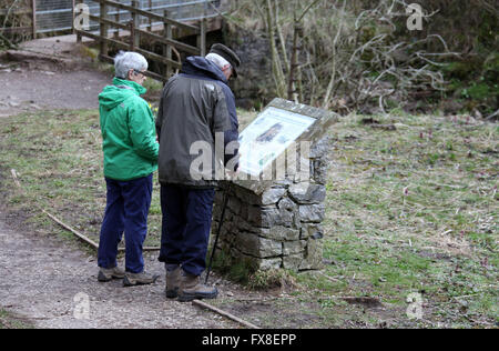 Les randonneurs de la lecture du Conseil d'information Grotte Thors Staffordshire dans le parc national de Peak District Banque D'Images