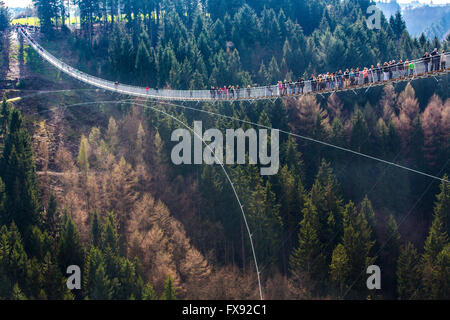 Suspension Bridge, Geierlay Sosberg entre villages et Mörsdorf, 360 mètres de longueur, le plus long pont suspendu de l'Allemagne Banque D'Images