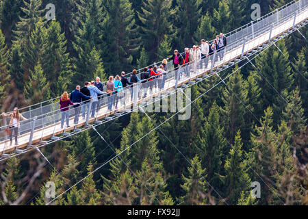 Suspension Bridge, Geierlay Sosberg entre villages et Mörsdorf, 360 mètres de longueur, le plus long pont suspendu de l'Allemagne Banque D'Images