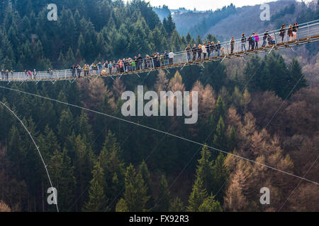 Suspension Bridge, Geierlay Sosberg entre villages et Mörsdorf, 360 mètres de longueur, le plus long pont suspendu de l'Allemagne Banque D'Images