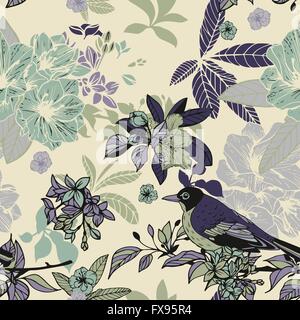 Les oiseaux et les fleurs en soie motif transparent Illustration de Vecteur