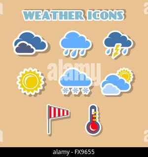 Weather icons set autocollants de couleur, Illustration de Vecteur