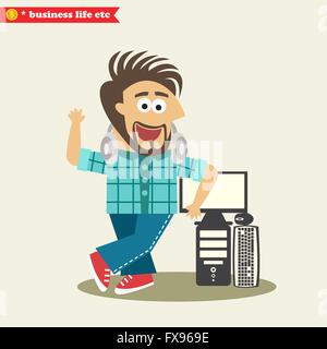 Ingénieur en logiciel portant des écouteurs et son ordinateur Illustration de Vecteur