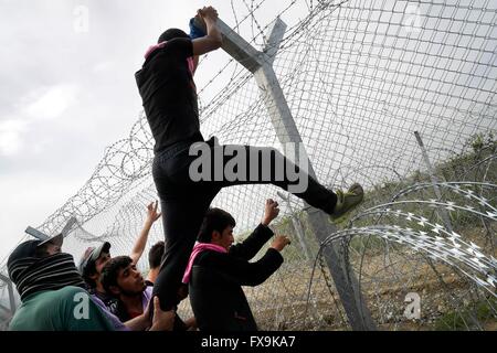 Idomeni, Grèce. 13 avril, 2016. Des centaines de migrants ont tenté aujourd'hui de briser la barrière qui les sépare de la Macédoine , la police a répondu par des gaz lacrymogènes, des balles en caoutchouc et des bombes sonores après les migrants ont réussi à briser la barrière. Des dizaines de blessés et intoxiqués par les gaz lacrymogènes. Crédit Crédit : Danilo Balducci/Sintesi/Alamy Live News Banque D'Images