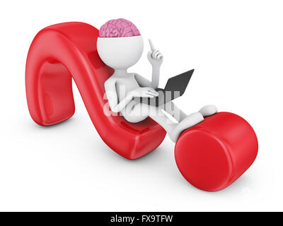 Homme avec portable assis sur un point d'interrogation, 3D render Banque D'Images