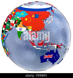 Carte politique de l'Asie du sud-est et en Australie avec chaque pays représenté par son drapeau national. Banque D'Images