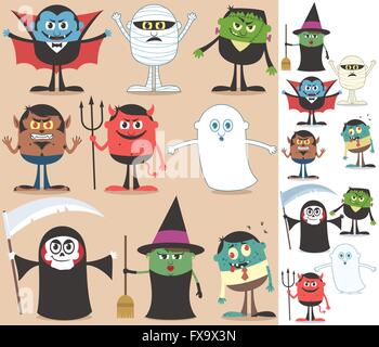 Collection de personnages de l'Halloween. Sur la droite sont les mêmes caractères adaptés à fond blanc. Illustration de Vecteur