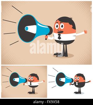 Un homme parle au mégaphone. L'illustration est en 3 versions. Illustration de Vecteur