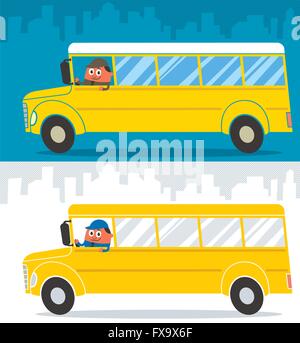 Bus de l'école de dessin animé et de son pilote. L'illustration est en 2 versions de couleur. Illustration de Vecteur