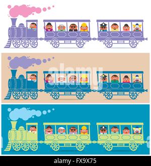 Train à vapeur plein de personnages de dessins animés. Il est en 3 versions de couleur. Illustration de Vecteur