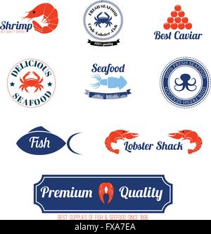 Les étiquettes de fruits de mer icons set Illustration de Vecteur
