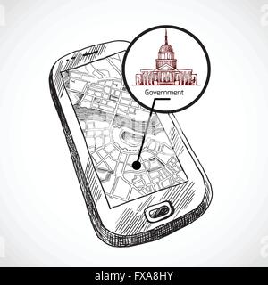 Dessiner croquis smartphone avec la carte Illustration de Vecteur