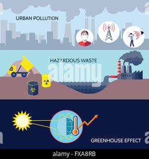 Icônes de la pollution fixé à plat Illustration de Vecteur