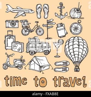 Croquis de voyage icons set Illustration de Vecteur