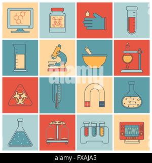 Icônes d'équipement de laboratoire ligne plate Illustration de Vecteur