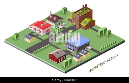 Les bâtiments d'usine isométrique Illustration de Vecteur
