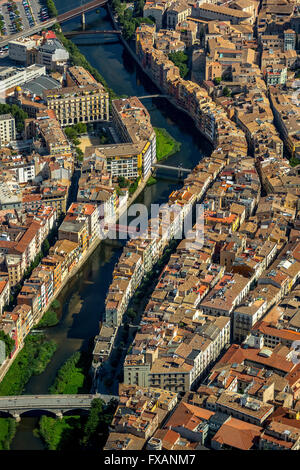 Vue aérienne, appel, Judenvieertel de Gérone sur la rivière Onyar, Gérone, Costa Brava, Catalogne, Espagne, Europe, vue aérienne, Banque D'Images