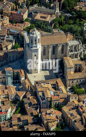 Vue aérienne, la cathédrale de Gérone, Cathédrale de Santa Maria de Gérone, Gérone, Costa Brava, Catalogne, Espagne, Europe, vue aérienne, Banque D'Images