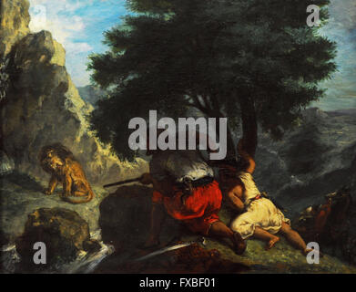 Eugène Delacroix (1798-1863). Le peintre français. Chasse aux lions au Maroc, 1854. Huile sur toile. Le Musée de l'Ermitage. Saint Petersburg. La Russie. Banque D'Images