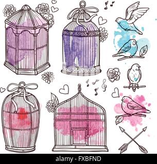 Oiseaux en cage et Illustration de Vecteur