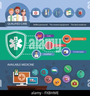 Trois bannières soins médecine horizontale multicolore Illustration de Vecteur